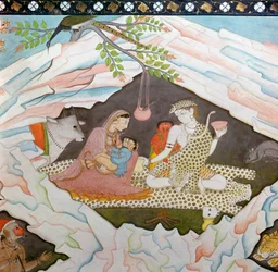 De heilige familie zittend in een grot op de berg Kailasa