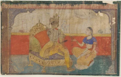 De minnaar Krsna in gesprek met de boodschapper van de geliefde, uit een Rasikapriya, ca. 1617