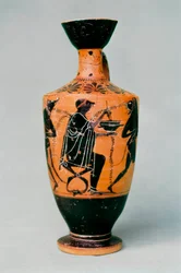 De tovenares Circe afgebeeld op een keramische vaas met zwarte figuren. Oud Griekenland 5e - 4e eeuw v.Chr.