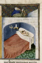 De monnik slaapt met de vrouw terwijl de man bidt, 1460s