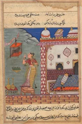 De papegaai spreekt Khujasta toe aan het begin van de zevenentwintigste nacht, recto van folio 185 uit Akbar
