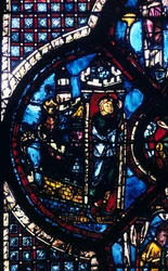 De pelgrim verlaat Jeruzalem naar Jericho, glas-in-lood, Kathedraal van Chartres, Frankrijk, 1205-1215