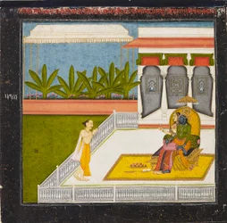 De dichter Bihari Lal vereert Krishna en Radha, c1760