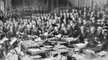 De scène in het Lagerhuis, Westminster, Londen, 3 augustus 1914