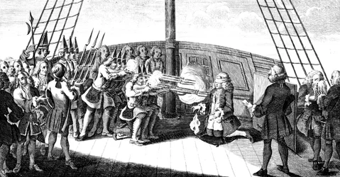 De executie van admiraal Byng aan boord van de Monarque, 1757