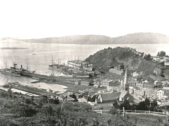 De stad en de haven, Port Chalmers, Nieuw-Zeeland, 1895