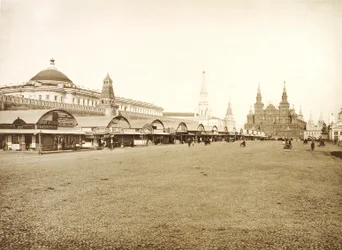 De handelsrijen op het Rode Plein, Moskou, Rusland, 1888