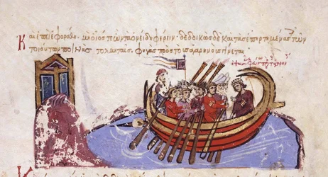 Thomas de Slaviër vlucht naar de Arabieren Miniatuur uit de Madrid Skylitzes, 11e-12e eeuw