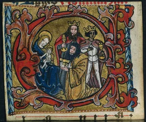 Drie uitsnijdingen uit een missaal: Initiaal C met de aanbidding van de wijzen, ca. 1470-1500