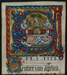 Drie Uitsnijdingen uit een Missaal: Initiaal E met de Engelen van de Graflegging, ca. 1470-1500