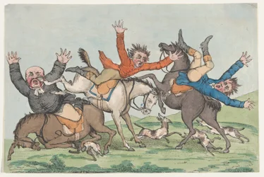 Drie ruiters vallen van hun paarden, 1780-1820