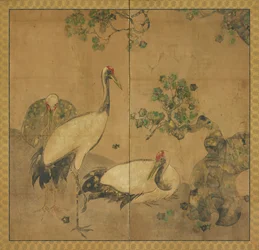 Drie kraanvogels onder een boom, Edo-periode, 1615-1868