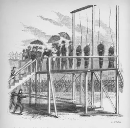 Drie mannen en een vrouw opgehangen wegens de moord op Lincoln, ca. 1865, 1938