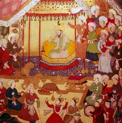 Timur op de troon tijdens vieringen, Mughal manuscript, 1600-1601