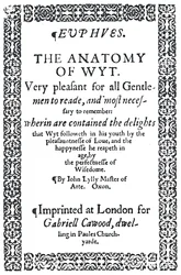 Titelpagina van John Lylys Euphues of The Anatomy of Wit, eerste editie