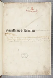 Titelpagina van De trinitate en De Civitate Dei cum commento, geschreven door Augustinus van Hippo (pen en inkt op papier)