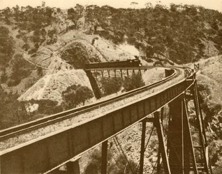 Trein die over viaduct passeert, Mount Lofty Range, Zuid-Australië, 1930