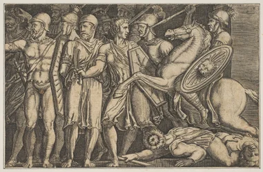 Trajanus vecht tegen de Daciërs, Trajanus te paard rechts rijdend naar een groep...