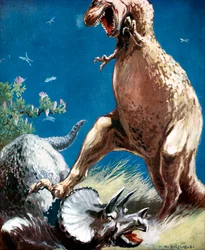 Triceratops, een gehoornde dinosaurus, vastgehouden door een Tyrannosaurus, c1920
