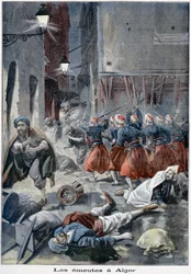 Troepen proberen straten vrij te maken tijdens anti-Joodse rellen, Algiers, Algerije, 1898