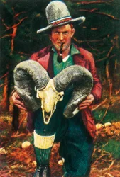 Trofeejager met Bighorn schapenschedel, ca. 1928