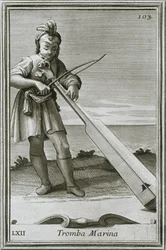 Trumscheit tromba marina, gravure uit F. Bonannis boek Cabinetto armonico, Rome, 1722, 1948