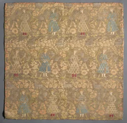 Keperweefsel met valkeniers tussen rozenstruiken, 1650-1699