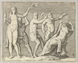 Twee figuren, een faun en een sater naderen een liggende vrouw, gepubliceerd ca. 1599-1622