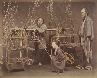 [Twee Japanse Mannen en Een Japanse Vrouw Poseren met Bloeiende Takken], 1870s