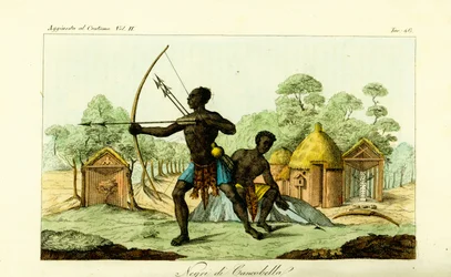 Twee Luanda-mannen van Cancobella, Angola, met bogen en pijlen, voor woningen, hutten, heilige fetisjaltaren, enz.
