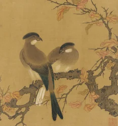 Twee gekuifde vogels op een tak, herfstbladeren, Qing-dynastie, 18e eeuw