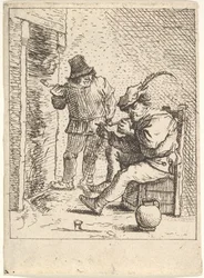 Twee mannelijke boeren met pijpen voor een open haard, een zittend met de pijp..., na 1625-90