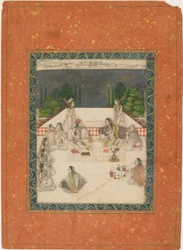 Twee vrouwen zittend op een terras, omringd door bedienden en muzikanten, ca. 1650
