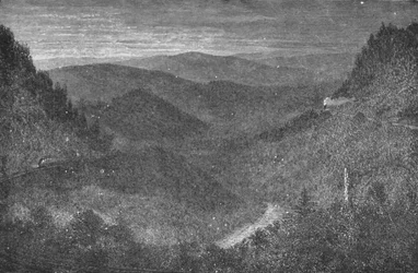 Uitzicht vanaf Horseshoe Curve vroeg in de ochtend, 1883