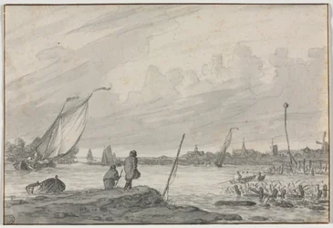 Gezicht op Alkmaar met boten, 1600s