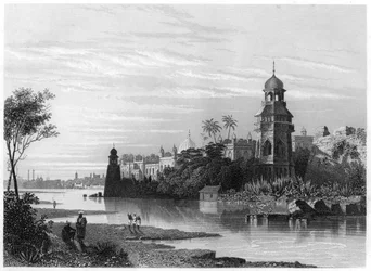 Uitzicht op Delhi vanaf de rivier met het paleis van de koning, ca. 1860