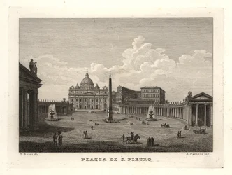 Uitzicht op het Sint-Pietersplein, Piazza di S. Pietro, met de Sint-Pietersbasiliek en oude Egyptische obelisk