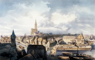 Uitzicht op Straatsburg (Frankrijk) vanaf de Saint Guillaume-toren. Lithografie in kleuren.