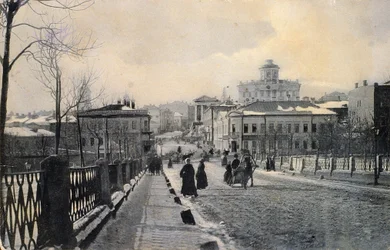 Uitzicht op Znamenka-straat in de winter, Moskou, Rusland, begin 20e eeuw