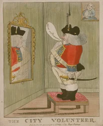 Gezicht op een gezette Stadsvrijwilliger die zichzelf in de spiegel bewondert, 1785