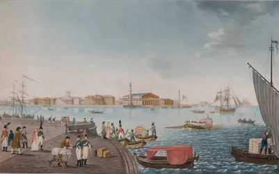 Uitzicht op de Neva-rivier en de Beurs in Sint-Petersburg, Begin 1800s