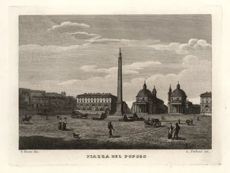 Uitzicht op de Piazza del Popolo, Rome, met oude obelisk uit Heliopolis, Egypte