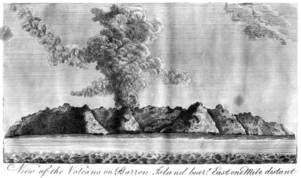 Uitzicht op de vulkaan op Barren Island, Andamanen, 1799