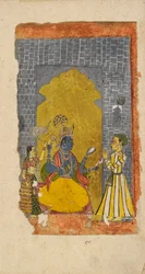 Vishnu op de troon met prinselijke toegewijde voor hem, c1700-1725