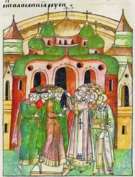 Vladimir Vsevolodovich gekroond door bisschop Neophytos met Monomakhs Cap. Uit de Verlichte Compilatie