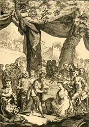 Vortigern koning van Brittannië trouwt met Rowena een Saksische dame..., midden 18e eeuw