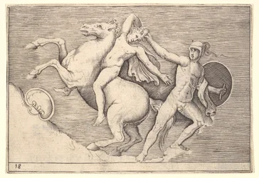 Krijger trekt een ruiter van zijn paard, uit Ex Antiquis Camorum et Ge...