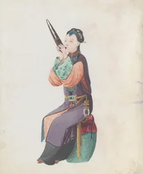 Aquarel van muzikant die sheng speelt, eind 18e eeuw