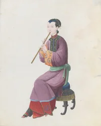 Aquarel van muzikant die xiao speelt