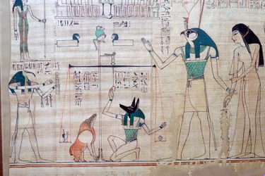 Wegen van het hart van de overledene tegen de veer van waarheid uit het Egyptische Dodenboek